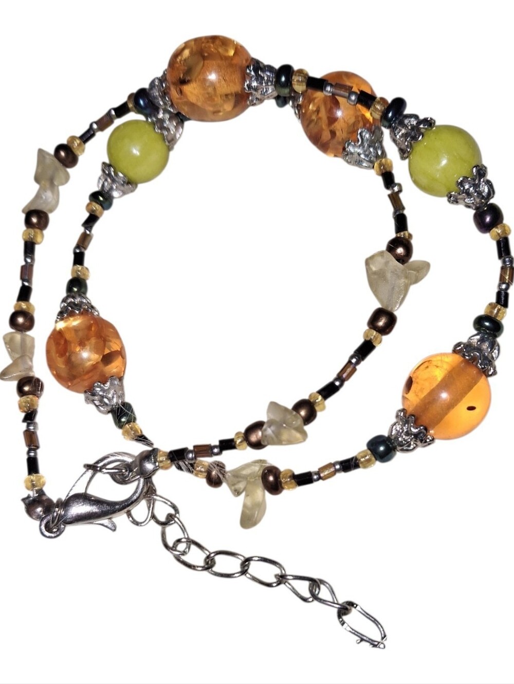 Handcrafted Orange and Lime Beaded Necklace Silvertone Adjustable